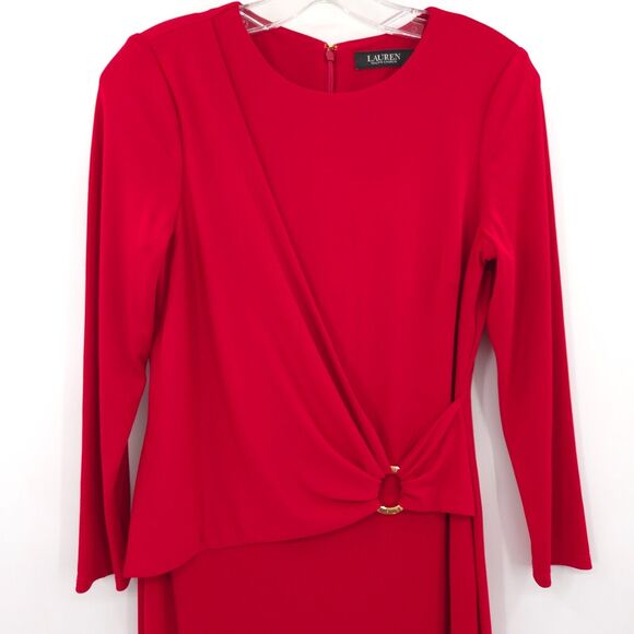 Lauren Ralph Lauren womens solid red sheath dress Size 4 gold ring 3/4 sleeve - Picture 4 of 12